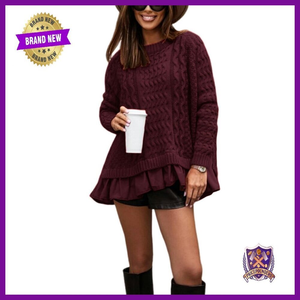 Cable Knit Sweater Dress Ruffle Hem Mini Long Sleeve Pullover